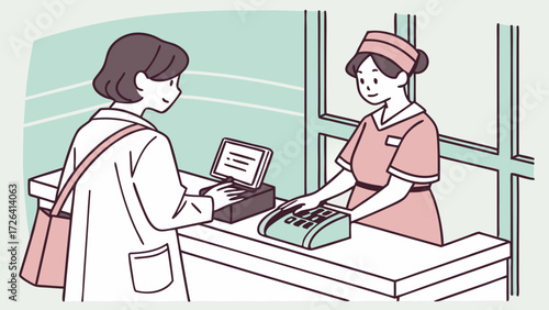 A patient interacts with a medical receptionist at a clinic's front desk, discussing healthcare.