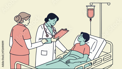 A doctor and nurse attending to a patient lying in a hospital bed, reviewing medical records.