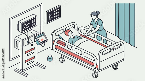 A patient in a hospital bed is being attended to by a nurse, with medical equipment nearby.