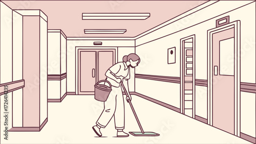A person mops a hospital corridor, maintaining cleanliness and hygiene in the facility.