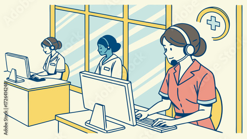 Illustration of three female operators with headsets working at computers in a medical or healthcare call center.