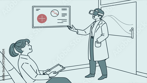 A doctor wearing VR glasses explains data to a seated patient, pointing at a display.
