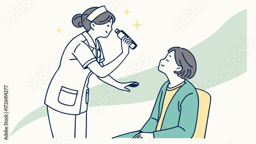 Nurse examining patient's throat with light, healthcare illustration.