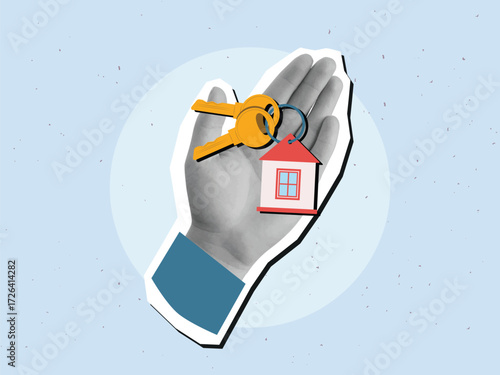 A hand holds a bunch of two keys with a keychain in the shape of a house. Keys to the apartment. Modern collage style. Vector illustration
