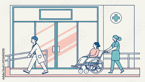 Healthcare professionals assisting a patient in a wheelchair at the entrance of a hospital with an accessibility ramp.