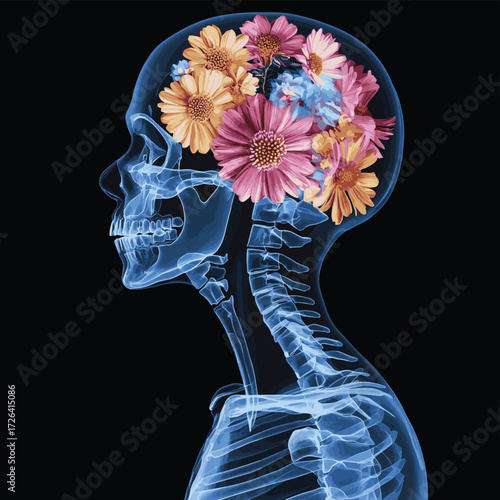 Radiografia de zoom a la parte superior del cuello y vista lateral translucida del craneo. Delicadas flores florales de colores dentro del craneo , vector style simple color