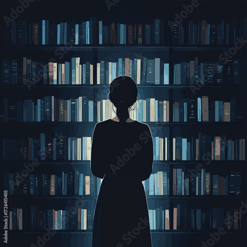 A person standing in front of a bookshelf in a dark room , vector style simple color