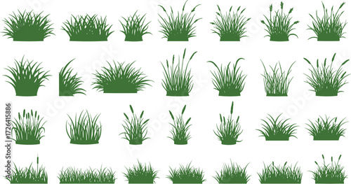 Grass silhouette set, botanical clumps, vector blades, landscaping icons, green tufts, nature texture, editable design, garden elements, outdoor clipart, foliage pack