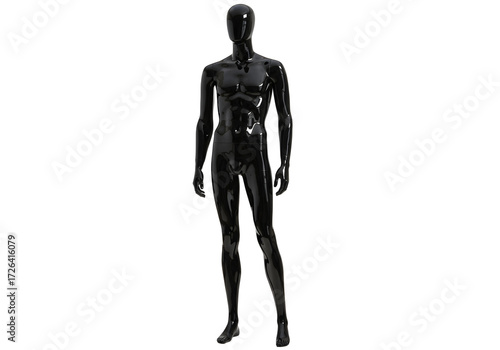 Glossy black male mannequin standing full body isolated on transparent background