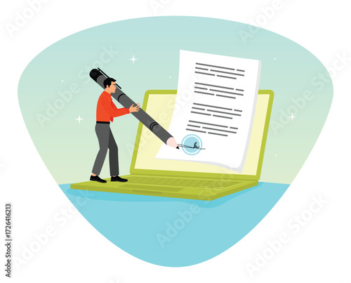 Online document signing concept. Man signs digital or electronic agreement.