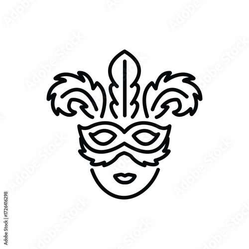 A blackoutlined Mardi Gras mask with three feathers placed on a simplified face