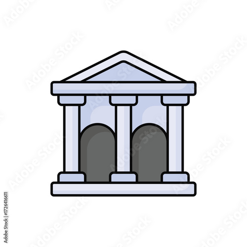 A cartoon depiction of a building facade with a triangular pediment supported by three columns