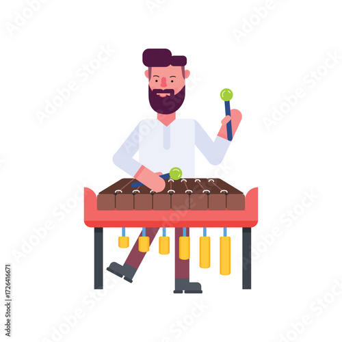 A cartoon man with a beard plays a red xylophone with mallets