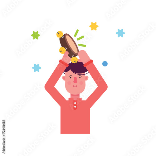 A cartoon of a person holding a tambourine with stars around them
