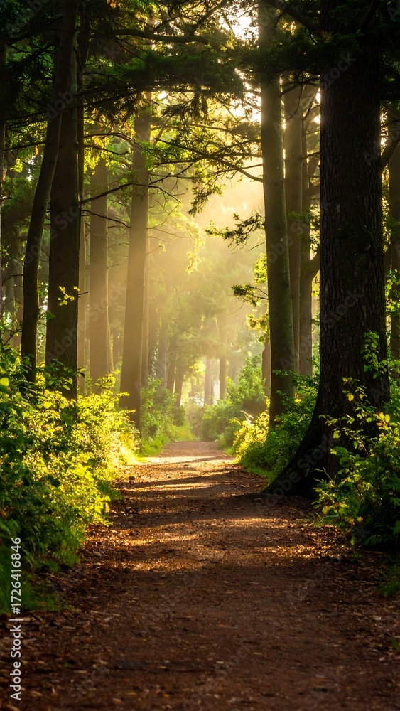 Fototapeta premium Sunlit path winding through a misty forest, leaves and foliage illuminated