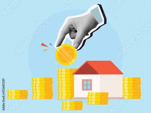 A hand places a golden coin on top of a stack near a small house. Real estate value and investment concept. Modern collage style. Vector illustration