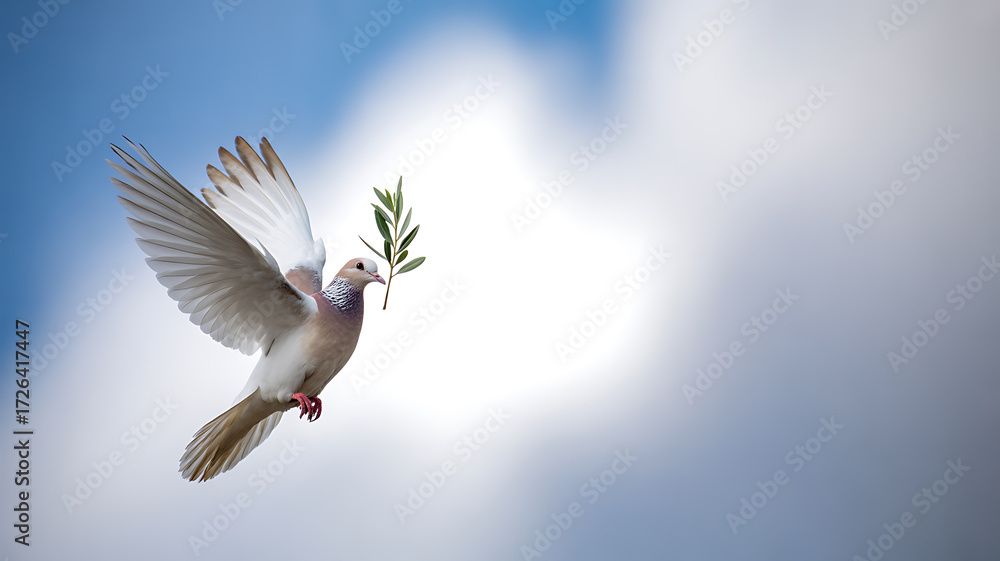Obraz premium A white dove in flight carrying an olive branch against a bright blue sky with clouds