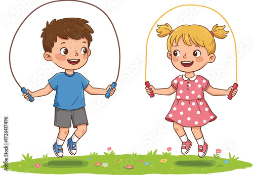Children jumping rope, cartoon kids, outdoor play, physical activity, vector art, joyful moment, editable design, exercise fun, happy pose, playful scene