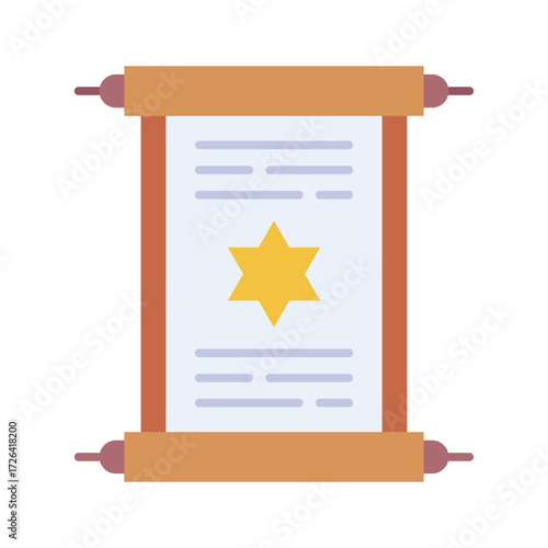 A graphic scroll features a yellow Star of David amid blue lines