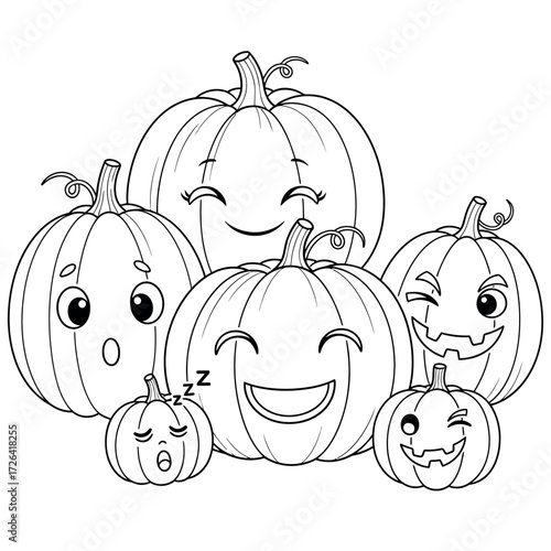 Happy Cartoon Pumpkin Family Line Art - Autumn, Halloween, Thanksgiving, Cute Characters Drawing