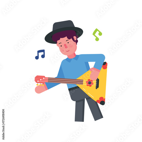 A person with a hat plays a yellow triangular instrument music notes float nearby