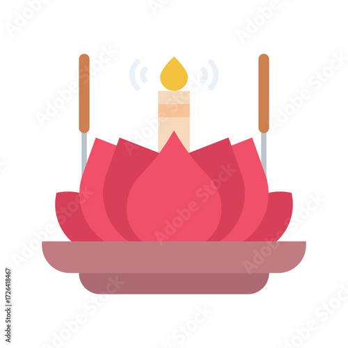 A pink lotus flower arrangement has a candle in the center held on a tiered brown base with two brown incense sticks at each side