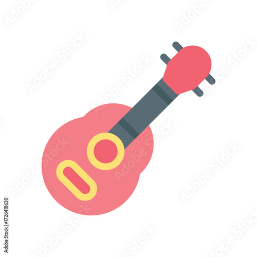 A red ukulele with a gray neck and black tuning pegs sits on a white background