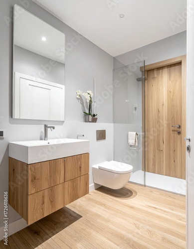 Wallpaper Mural Modern bathroom interior with light wood cabinets and white fixtures Torontodigital.ca