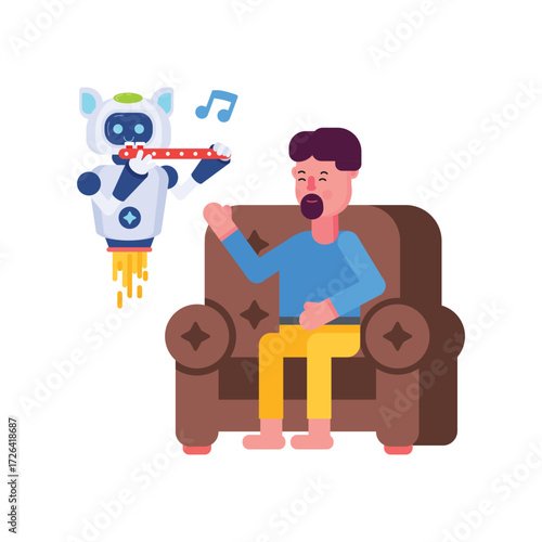 A seated man listens to a robotic catlike figure playing a flute