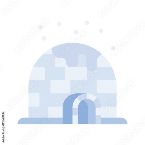 A stylized lightblue igloo with an arched entrance set against a white backdrop has snowflakes falling around it