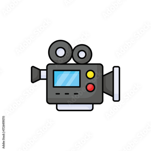 An illustration of a gray movie camera with a blue screen and two lenses on top