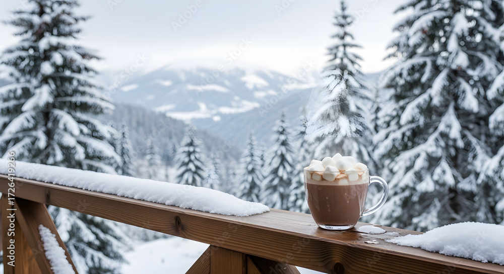 custom made wallpaper toronto digitalA clear glass mug filled with hot chocolate and marshmallows sits on a snow-covered wooden railing, with a winter landscape of snow-covered pine trees and mo...