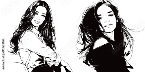 Two artistic sketches feature young women with long hair, displaying confidence and elegance in their poses and expressions.