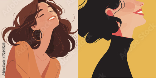 Two women are illustrated with different hairstyles and outfits, showcasing happiness against colorful backgrounds. Their joyful expressions radiate positive energy.