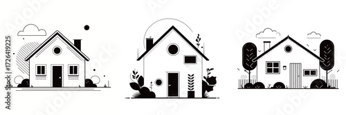 Three distinct black and white house designs are shown, each featuring unique shapes and landscaping. The clean lines highlight different architectural styles.