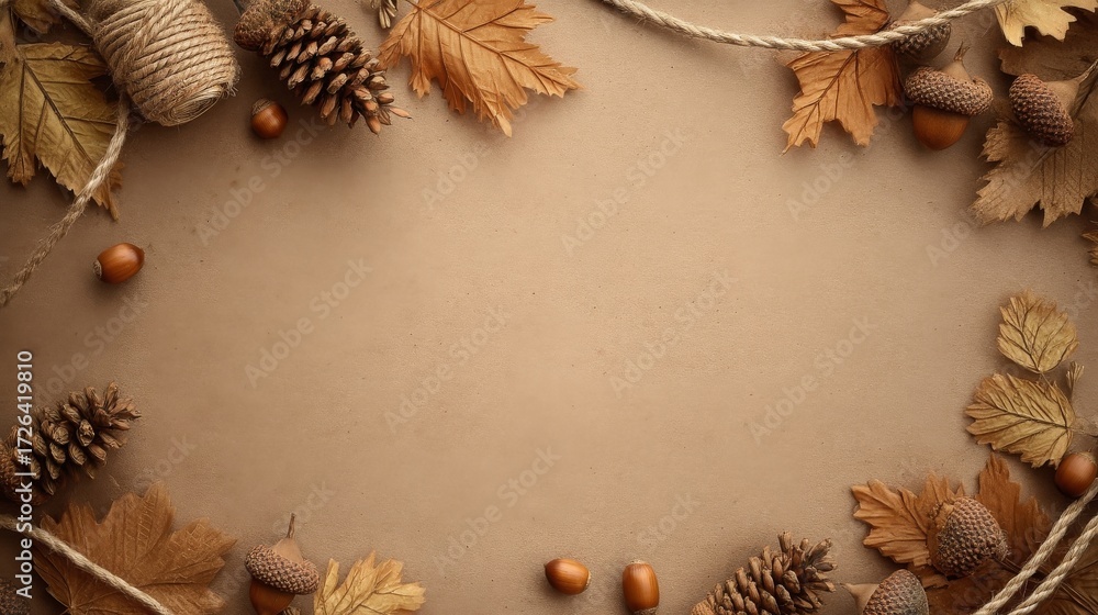 Fototapeta premium Minimalist autumn backdrop with dried leaves, pine cones, acorns,