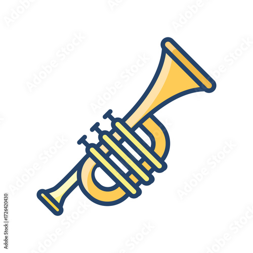 Depicts a yellow brass trumpet with blue accents featuring a curved body valves and a flared bell