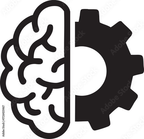 Artificial Intelligence Brain and Gear Silhouettes Vector Icon