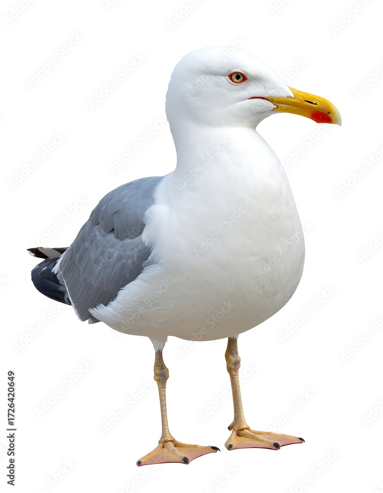 Fototapeta premium A seagull, standing, facing slightly to its right, against a plain white background. Sharp focus on the bird