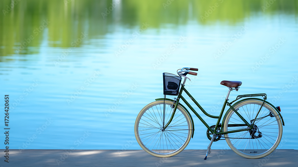 Fototapeta premium Green bicycle parked by a calm lake with reflective water and lush greenery in the background