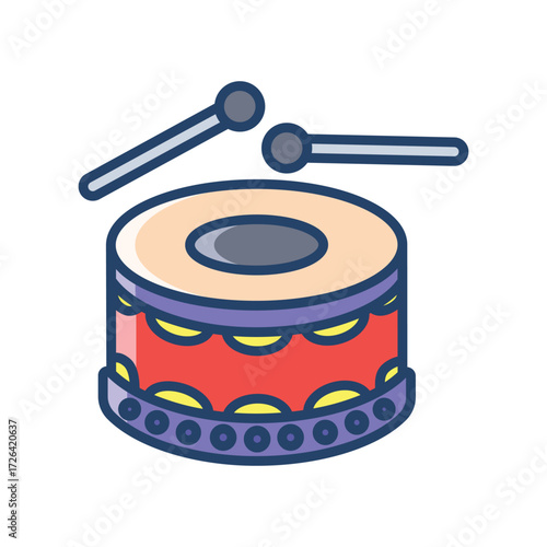Illustration of a colorful cartoonstyle drum with two drumsticks positioned above