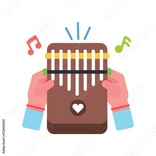 Illustration of a Kalimba being played surrounded by musical notes and sonic vibrations