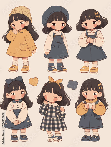 Six adorable characters display different fashionable outfits and charming expressions. Each one sports unique styles, showcasing their personalities in a colorful layout.