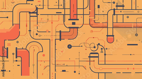 This artwork showcases a vibrant abstract arrangement of pipes and circuits against a bright yellow background, creating a dynamic and modern visual.