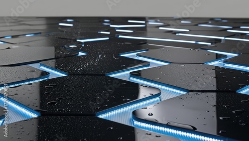 Hexagonal tiles with blue light and water