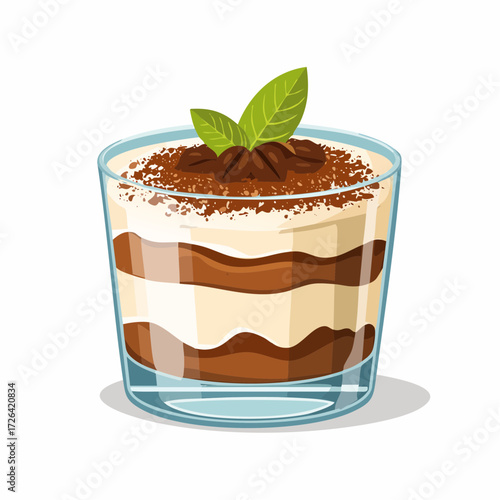 Layered Tiramisu Dessert in Glass with Coffee and Mint Illustration