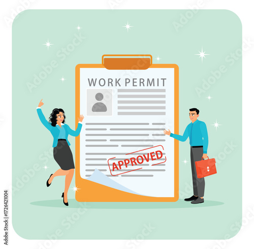 Work permit document approved. Legal paperwork for employment with stamp signature.