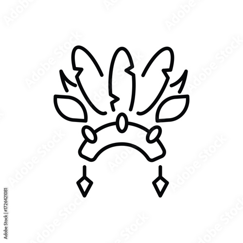 Outline of a headdress with feathers gemstones and dangling pendants