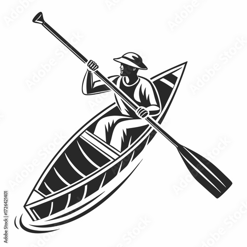 Black and white vector illustration of a man paddling a canoe. Perfect for outdoor adventure, kayaking, canoeing, camping, water sports, and travel-themed designs
