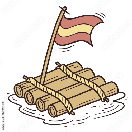 Simple cartoon bamboo raft tied with rope, sailing with a red and yellow flag. Fun adventure, pirate, camping, travel, and nautical themed vector design for kids and creative projects